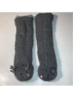 Women's JUST COZY Gray White Cable Knit Animal Face Slippers